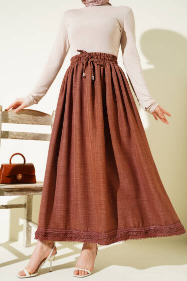 Güpür Detaylı Bel Lastikli Etek Kahve - Etek