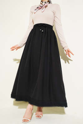 Güpür Detaylı Bel Lastikli Etek Siyah - HBS