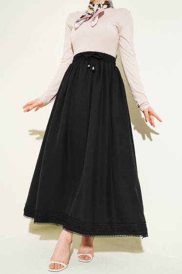 Güpür Detaylı Bel Lastikli Etek Siyah - Etek
