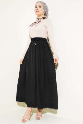 Güpür Detaylı Bel Lastikli Etek Siyah - Etek