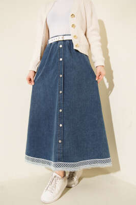 Güpür Detaylı Beli Lastikli Cepli Kot Etek Mavi - ALİ AKKAYA