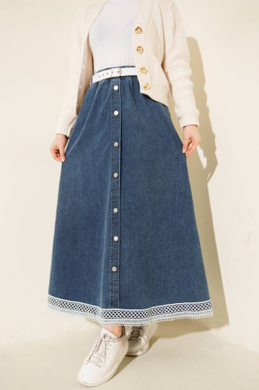 Güpür Detaylı Beli Lastikli Cepli Kot Etek Mavi - Etek
