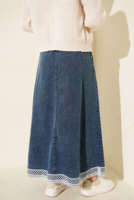 Güpür Detaylı Beli Lastikli Cepli Kot Etek Mavi - Etek