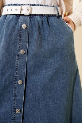 Güpür Detaylı Beli Lastikli Cepli Kot Etek Mavi - Etek