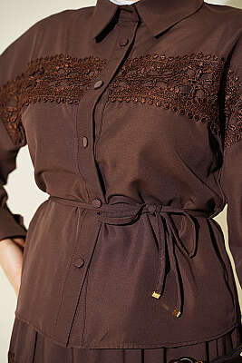 Güpür Detaylı Etekli İkili Takım Kahve - İkili Takım