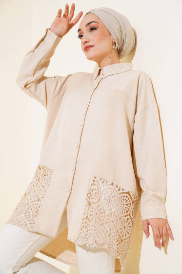 Güpür Detaylı Gömlek Bej - Gömlek