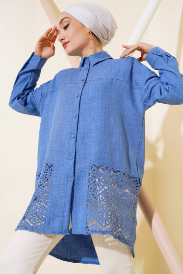 Güpür Detaylı Gömlek Mavi - Gömlek