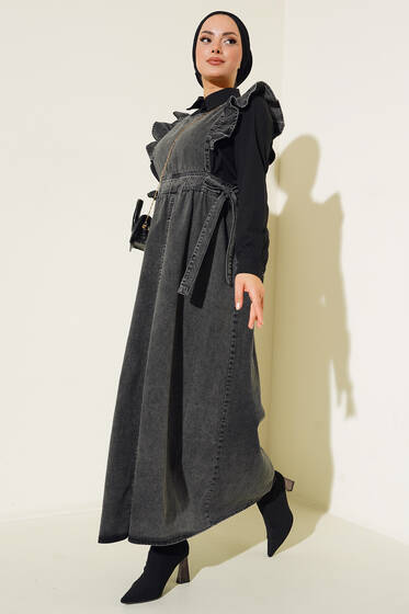 Güpür Detaylı Jile Elbise Fume - Tesettür Elbise