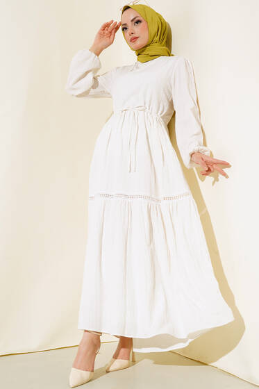 Güpür Detaylı Keten Elbise Ekru - Tesettür Elbise