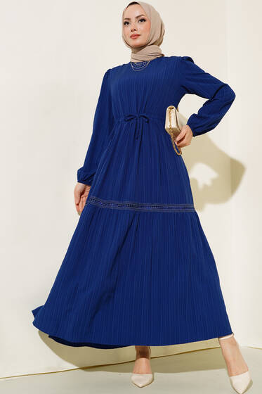 Güpür Detaylı Keten Elbise Lacivert - Tesettür Elbise