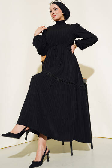 Güpür Detaylı Keten Elbise Siyah - Tesettür Elbise