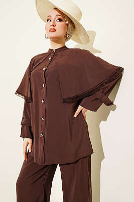 Güpür Detaylı Pelerinli İkili Takım Kahve - İkili Takım