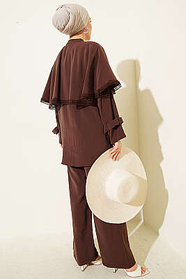 Güpür Detaylı Pelerinli İkili Takım Kahve - İkili Takım