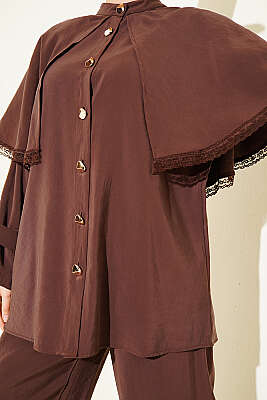 Güpür Detaylı Pelerinli İkili Takım Kahve - İkili Takım