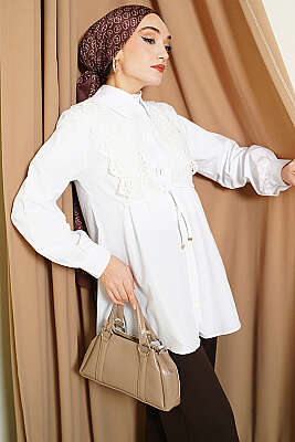 Güpürlü Bağcıklı Gömlek Beyaz - TABLO FASHİON