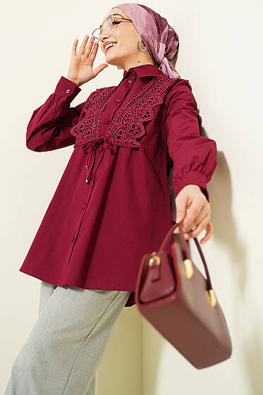 Güpürlü Bağcıklı Gömlek Bordo - Gömlek