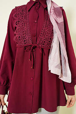 Güpürlü Bağcıklı Gömlek Bordo - Gömlek