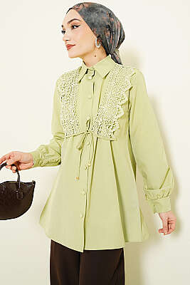 Güpürlü Bağcıklı Gömlek Fıstık Yeşili - TABLO FASHİON