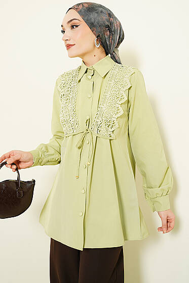 Güpürlü Bağcıklı Gömlek Fıstık Yeşili - Gömlek