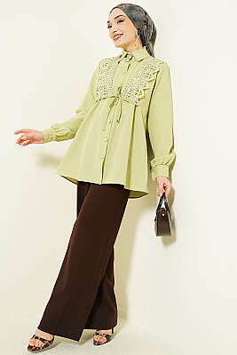 Güpürlü Bağcıklı Gömlek Fıstık Yeşili - Gömlek