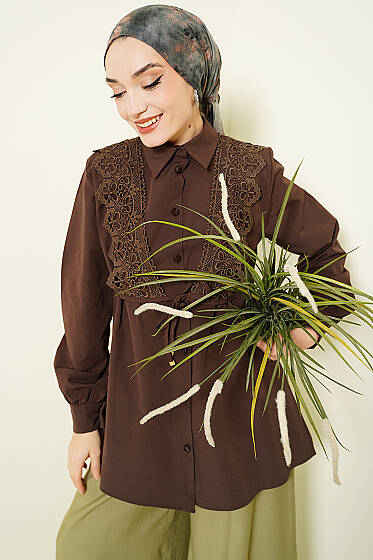 Güpürlü Bağcıklı Gömlek Kahve - Gömlek