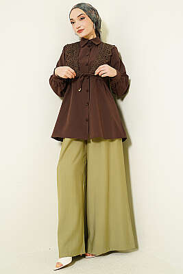 Güpürlü Bağcıklı Gömlek Kahve - Gömlek