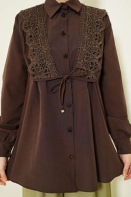 Güpürlü Bağcıklı Gömlek Kahve - Gömlek