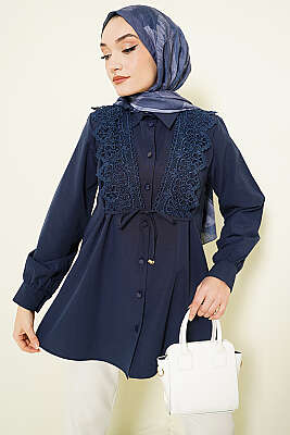 Güpürlü Bağcıklı Gömlek Lacivert - TABLO FASHİON