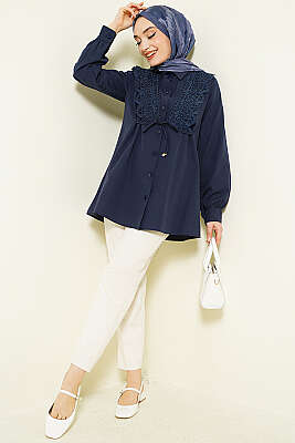 Güpürlü Bağcıklı Gömlek Lacivert - Gömlek