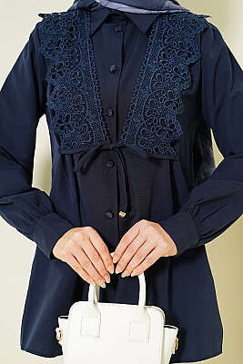 Güpürlü Bağcıklı Gömlek Lacivert - Gömlek