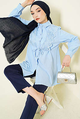 Güpürlü Bağcıklı Gömlek Mavi - TABLO FASHİON