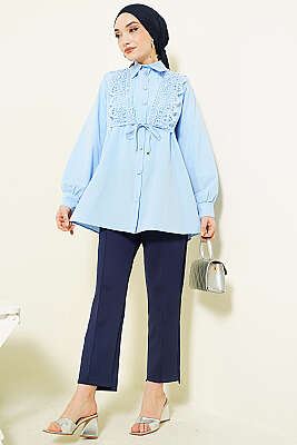 Güpürlü Bağcıklı Gömlek Mavi - Gömlek