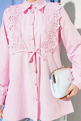 Güpürlü Bağcıklı Gömlek Pembe - Gömlek