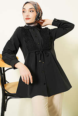 Güpürlü Bağcıklı Gömlek Siyah - TABLO FASHİON