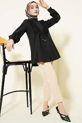 Güpürlü Bağcıklı Gömlek Siyah - Gömlek