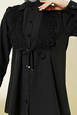 Güpürlü Bağcıklı Gömlek Siyah - Gömlek