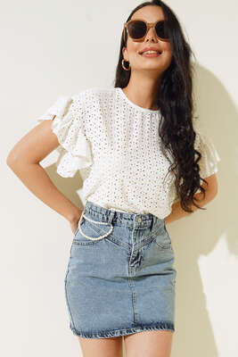 Güpürlü Balon Kol Bluz Ekru - Kadın Giyim Modelleri