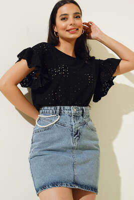 Güpürlü Balon Kol Bluz Siyah 