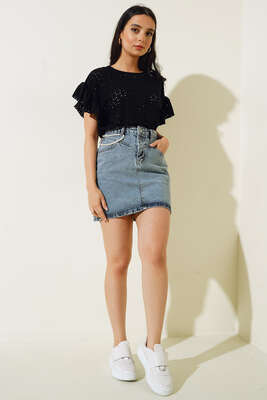 Güpürlü Balon Kol Bluz Siyah - Kadın Giyim Modelleri