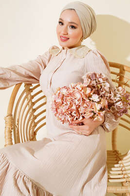 Güpürlü Bebe Yaka Elbise Bej - Tesettür Elbise