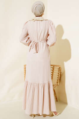 Güpürlü Bebe Yaka Elbise Bej - Tesettür Elbise