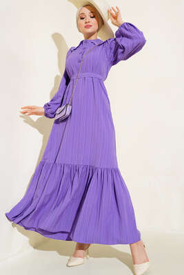 Güpürlü Bebe Yaka Elbise Lila - Tesettür Elbise