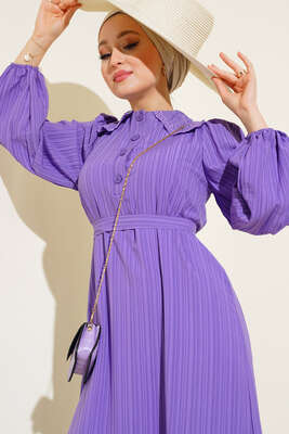 Güpürlü Bebe Yaka Elbise Lila - Tesettür Elbise