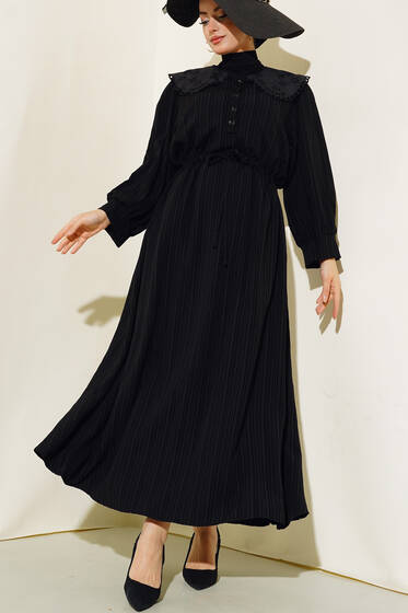 Güpürlü Bebe Yaka Elbise Siyah - Tesettür Elbise