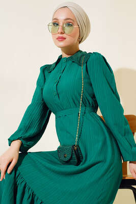 Güpürlü Bebe Yaka Elbise Zümrüt - Tesettür Elbise