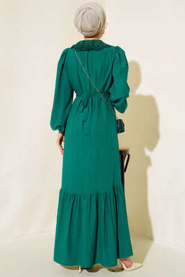 Güpürlü Bebe Yaka Elbise Zümrüt - Tesettür Elbise