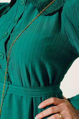 Güpürlü Bebe Yaka Elbise Zümrüt - Tesettür Elbise