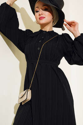 Güpürlü Bebe Yaka Elbise Siyah - Tesettür Elbise