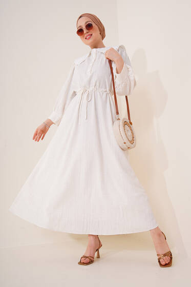 Güpürlü Bebe Yaka Keten Elbise Ekru - Tesettür Elbise