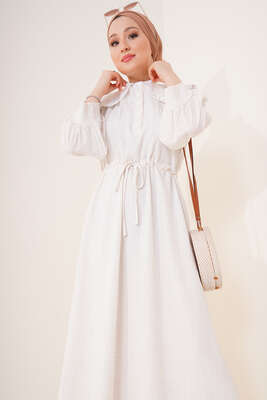 Güpürlü Bebe Yaka Keten Elbise Ekru - Tesettür Elbise